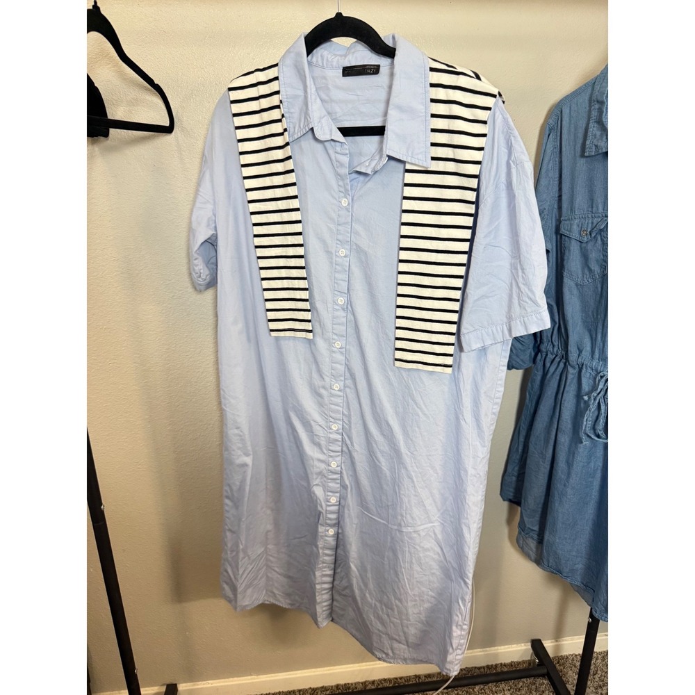 DAZY Women Light Blue Striped Built In Sweater Cotton Button Down Shirt Dress XL